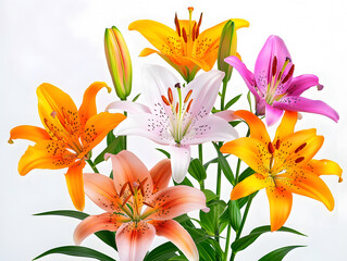 Obraz premium Mixed bouquet of orange, pink, and white lilies with lush green leaves on light background
