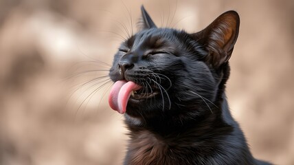 Black cat with eyes closed licking its nose with its tongue out