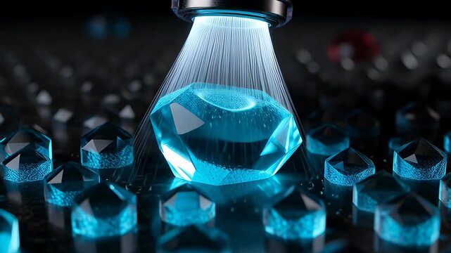 Futuristic laser beam transforming a red gemstone into a bright blue crystal on a dark reflective surface in a cinematic 3D animation, illustrating advanced refining concepts