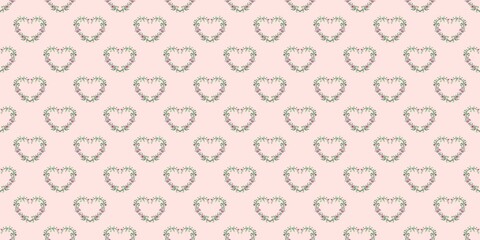 Delicate seamless pattern featuring floral heart wreaths on a soft pink background. Perfect for romantic, feminine, and elegant designs like Valentine's Day stationery, wedding decor, and fabric.