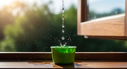 Water Dropping Into Green Pot Near Window with Natural Light