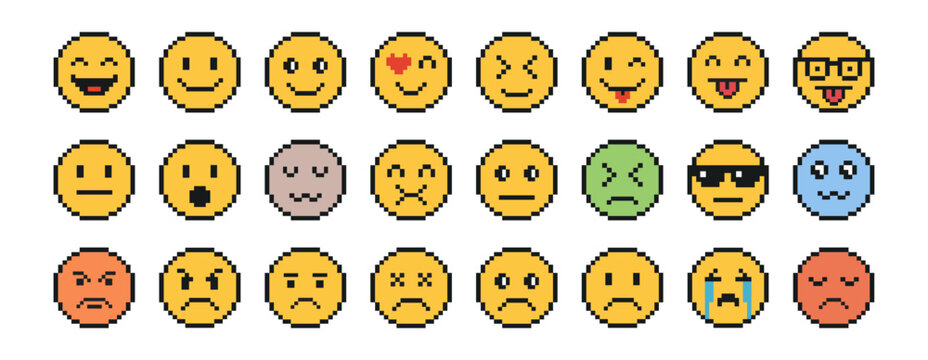 Pixel emoji face icon set with various expressions in retro comic style on transparent background.