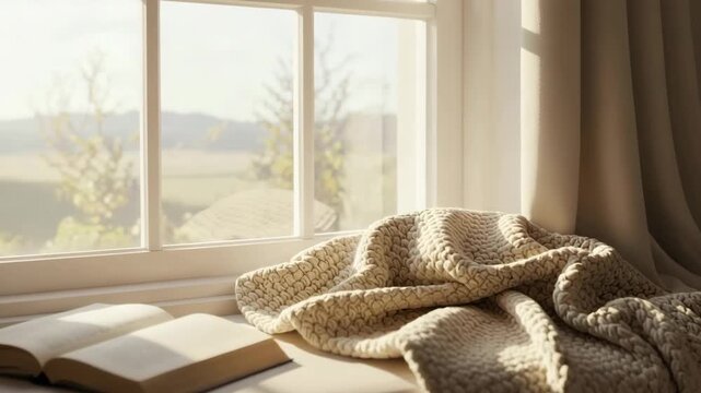 Open book and knitted blanket resting on a sunlit window seat with a peaceful outdoor view for a cozy home comfort concept and serene atmosphere