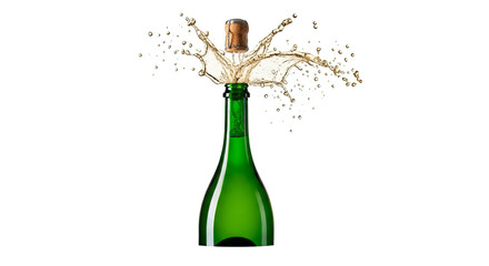 Green champagne bottle exploding with bubbly liquid and cork perfect for celebrations and special occasions on transparent background