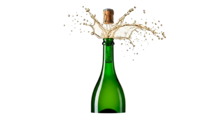 Green champagne bottle exploding with bubbly liquid and cork perfect for celebrations and special occasions on transparent background