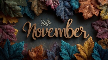 Hello november, bright teal text surrounded by colorful autumn leaves and small purple flowers, creating a festive seasonal greeting, suitable for backgrounds and banners