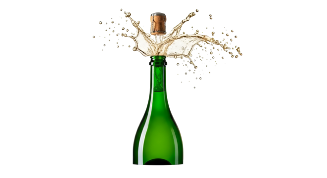 Green champagne bottle exploding with bubbly liquid and cork perfect for celebrations and special occasions on transparent background