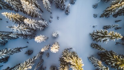 Golden hour light illuminates a serene winter forest landscape from above, showcasing snow-covered evergreen trees in a peaceful natural setting