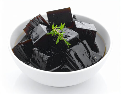 A bowl of grass jelly isolated on a white background