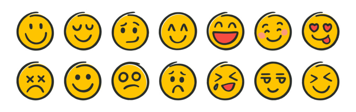 Naklejki Hand drawn doodle emoticon set with various expressions. Funny cartoon faces in chalk or marker sketch style. Cute feedback emoji icons on transparent background.