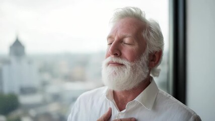 Serene Senior Man Meditating by Window, Finding Peace and Relaxation