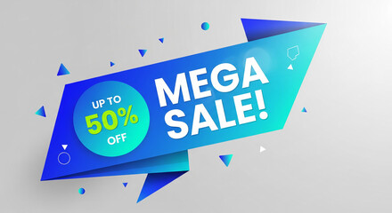 Geometric graphic with blue gradient and text "MEGA SALE! up to 50% OFF" promoting sale event, representative of commerce and special offer concept