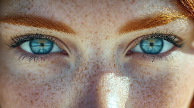 a fair-skinned woman's face is presented up close; the focus is on her intense, beautiful blue eyes, bright red hair, and numerous freckles - Powered by Adobe