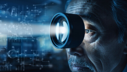 Close-up of an elderly man looking through a glowing futuristic optical device, featuring digital interface graphics overlay. Concepts of data, vision, and technology.