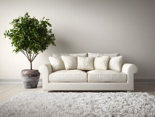 Minimalist Room with White Sofa and Green Plant