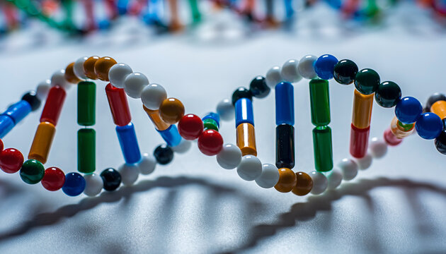 Close-up macro view of a colorful physical model of a DNA double helix structure, representing molecular biology, genetic research, and heredity concepts.