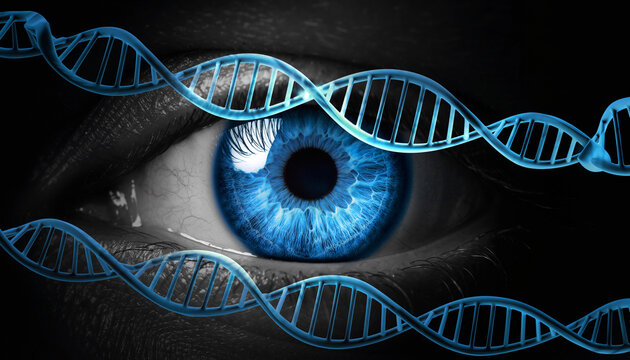 Conceptual illustration of a glowing blue human eye intersected by swirling DNA strands, representing genetic testing, biology, surveillance, and futuristic vision.