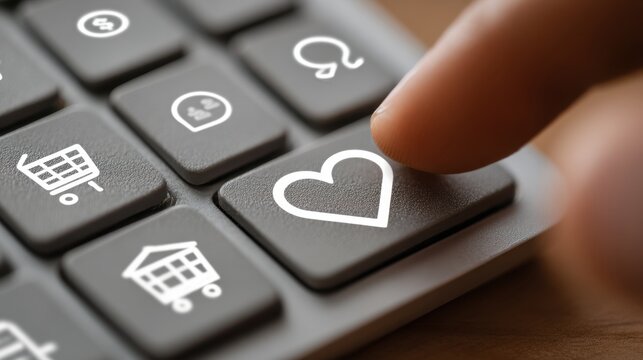 Computer mouse displaying brand loyalty icons near laptop on wooden desk represents building customer trust and satisfaction online