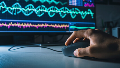 Close-up of a hand clicking a computer mouse while monitoring data analysis graphs, DNA visualization, and financial charts on a dark screen in an intense technological workspace.