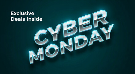 3D text reading "Cyber Monday" with a metallic, reflective finish, against a dark blue background, representing seasonal sales and promotion
