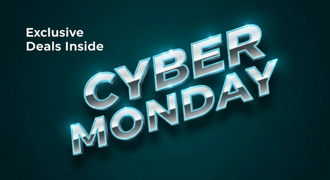 3D text reading "Cyber Monday" with a metallic, reflective finish, against a dark blue background, representing seasonal sales and promotion - Powered by Adobe