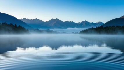 Wide shot of a peaceful mountain lake at dawn with mist rising over the water and subtle ripples, perfect for tranquility concept and serene nature - Powered by Adobe