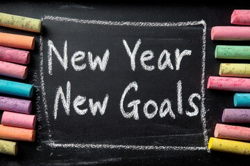 New Year Goals handwritten in pink chalk on blackboard surrounded by colorful chalk pieces. Studio flat lay composition. New Year resolution and planning concept. Design for poster, banner, header