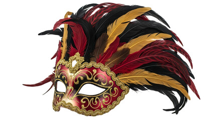 Ornate venetian mask with red gold and black feathers for masquerade balls and festive events adds an air of mystery and elegance on transparent background