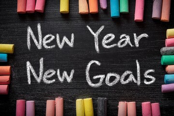 New Year Goals handwritten in pink chalk on blackboard surrounded by colorful chalk pieces. Studio flat lay composition. New Year resolution and planning concept. Design for poster, banner, header