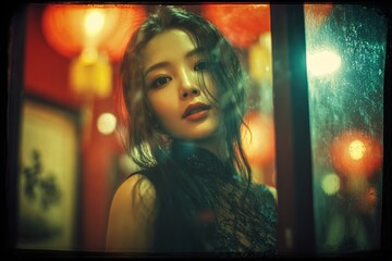 Woman in traditional black dress looking through wet window with red lanterns and neon lights in background. Studio portrait photography. Asian festival and night celebration concept. 