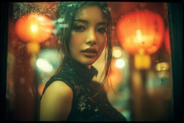 Woman in traditional black dress looking through wet window with red lanterns and neon lights in background. Studio portrait photography. Asian festival and night celebration concept. 
