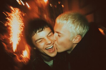 Two men smiling and celebrating under fireworks at night, captured in instant photo style. Studio lifestyle portrait. New Year celebration and festive moment concept. Design for greeting card, postcar