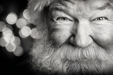 Close-up black and white portrait of elderly man dressed as Santa Claus with twinkling lights in background. Studio photography. Christmas and New Year holiday character concept. Design for greeting c