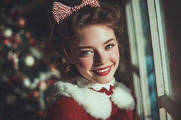 Woman in red Christmas costume with white fur trim standing in decorated room with Christmas tree and window light. Studio portrait photography. Christmas and New Year holiday celebration concept. 