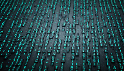 Fototapeta premium Glowing cyan alphanumeric characters flow down a dark, textured grid, symbolizing digital data, computing, and complex technology structures.