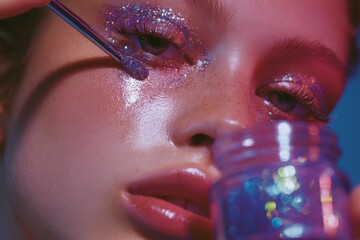 Close-up of woman applying glitter eyeshadow with makeup brush under colorful lighting. Studio beauty macro photography. Glamour makeup and festive fashion concept. Design for poster, banner, card