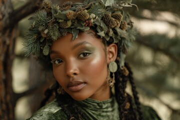 Woman wearing botanical costume and headpiece made of natural leaves, moss, and pine in forest setting. Studio portrait photography. Nature fashion and fantasy concept. Design for poster, banner, card