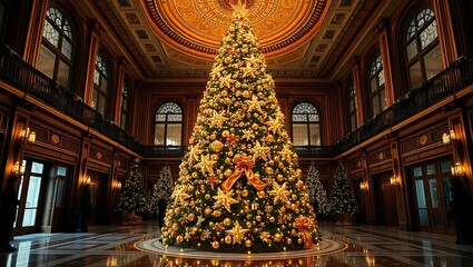 A majestic christmas tree shines brightly in a opulent hall, decorated with golden stars and festive ornaments