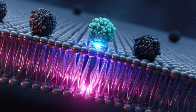 Abstract 3D illustration of a cell membrane (lipid bilayer) interacting with molecules, representing cellular transport, molecular signaling, or biological processes.
