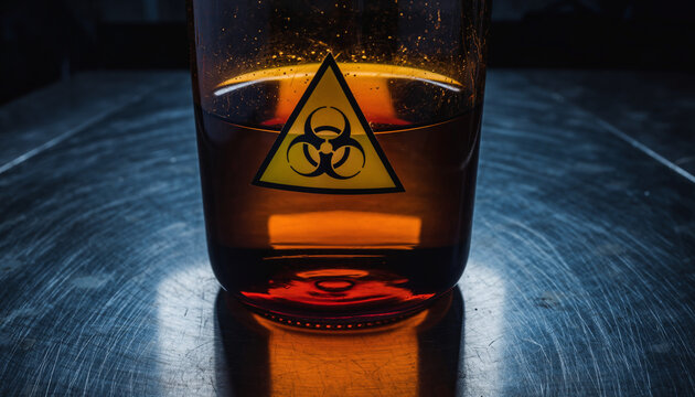 Close-up of a glass lab container holding amber liquid, prominently displaying a yellow biological hazard warning symbol on a scratched, metallic surface.