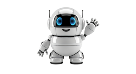 Friendly white robot with blue eyes waves hello standing against a showcasing artificial intelligence and futuristic design on transparent background