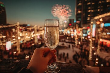 Hand holding glass of champagne against festive city lights and fireworks in evening sky. Lifestyle celebration photography. New Year and holiday party concept. Design for banner, greeting card