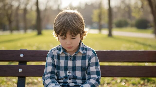 Little boy sitting sadly on a park bench as a parent's hand offers comfort for emotional support concept and childhood well-being in golden hour light - Powered by Adobe