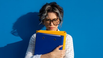 Young woman holding books against a vibrant blue wall with shadow