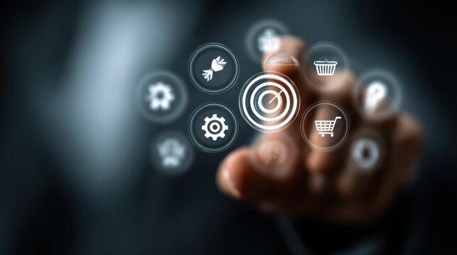 Person using digital interface for business strategy touching target icon, emphasizing customer centric, innovation, and product development
