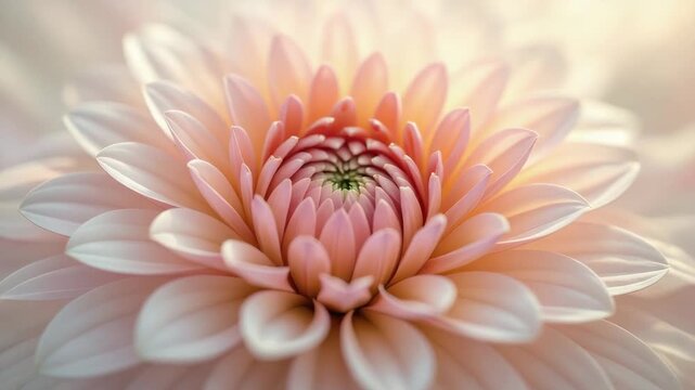 Soft focus close-up of a delicate pastel dahlia flower blooming with intricate petals under natural light for a gentle beauty concept and serene elegance