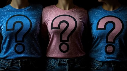 Three women stand shoulder to shoulder. Each wears a t-shirt with a question mark on it. The center shirt is pink and the outer shirts are blue