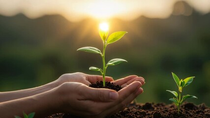 Hands holding a young plant in fertile soil with golden hour sunlight for environmental protection concept and sustainable development