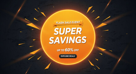 An abstract image of orange circle with white text "Super Savings", symbolizing a discount sale, offering promotion for savings, on a textured dark background