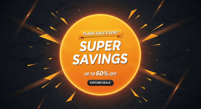 An abstract image of orange circle with white text "Super Savings", symbolizing a discount sale, offering promotion for savings, on a textured dark background